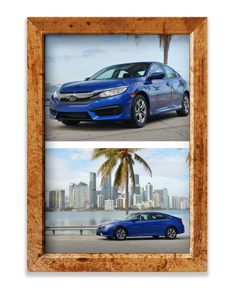 Wooden picture frame, Honda Civic on road, divider line, Honda Accord with Miami city line behind them