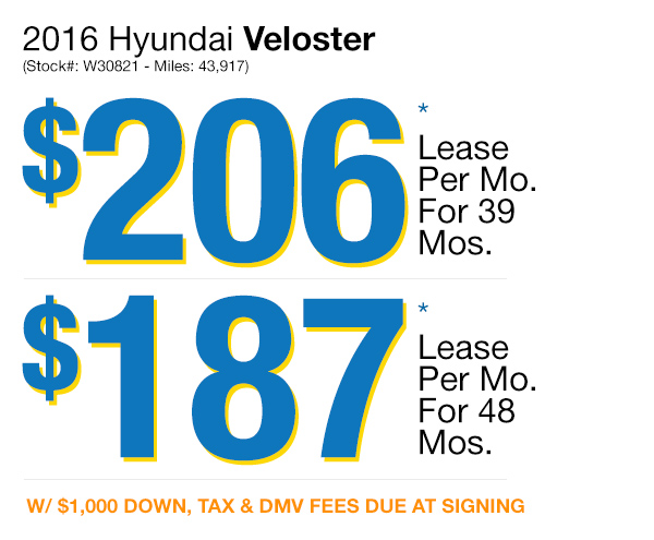 2016 Hyundai Veloster : Lease for $206 per mo. for 39 mos. or Lease $186 per mo. for 48 mos.
