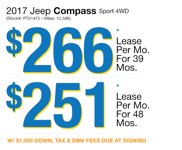 2017 Jeep Compass Sport : Lease for $266 per mo. for 39 mos. or Lease $251 per mo. for 48 mos.