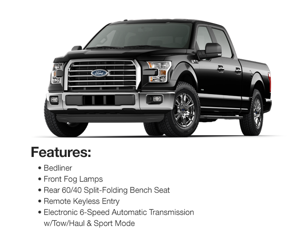 2017 Ford F-150 XLT Crew Cab: Lease for $425 per mo. for 39 mos. or Lease $410 per mo. for 48 mos.