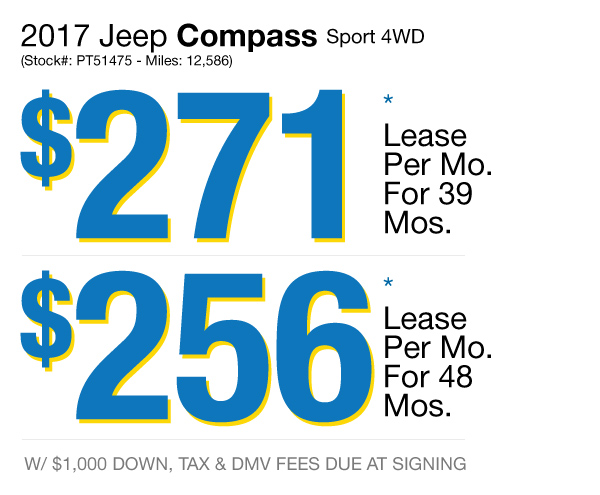 2017 Jeep Compass Sport : Lease for $271 per mo. for 39 mos. or Lease $256 per mo. for 48 mos.