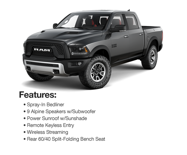 2017 Ram 1500 Rebel Crew Cab 4WD: $639 Lease Per Mo. For 39 Mos. or $598 Lease Per Mo. For 48 Mos.